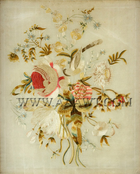 Antique Embroidery, Floral Needlework, Silk on Silk, close up view